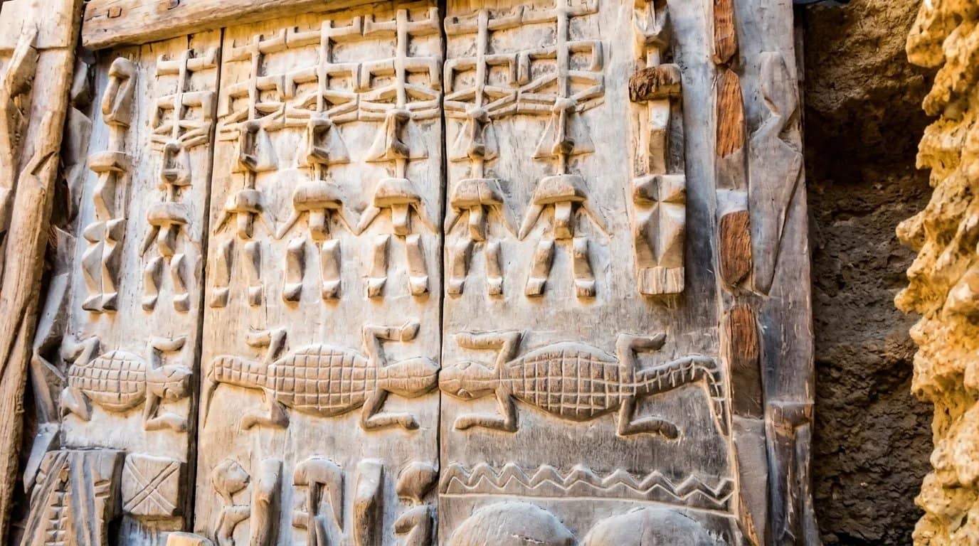 A carved wooden door decorated with crocodile and figure motifs in the Caves of Hercules