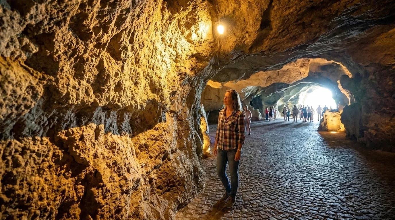 The cobblestone walkway inside the Caves of Hercules, with a visitor walking through the lit passage