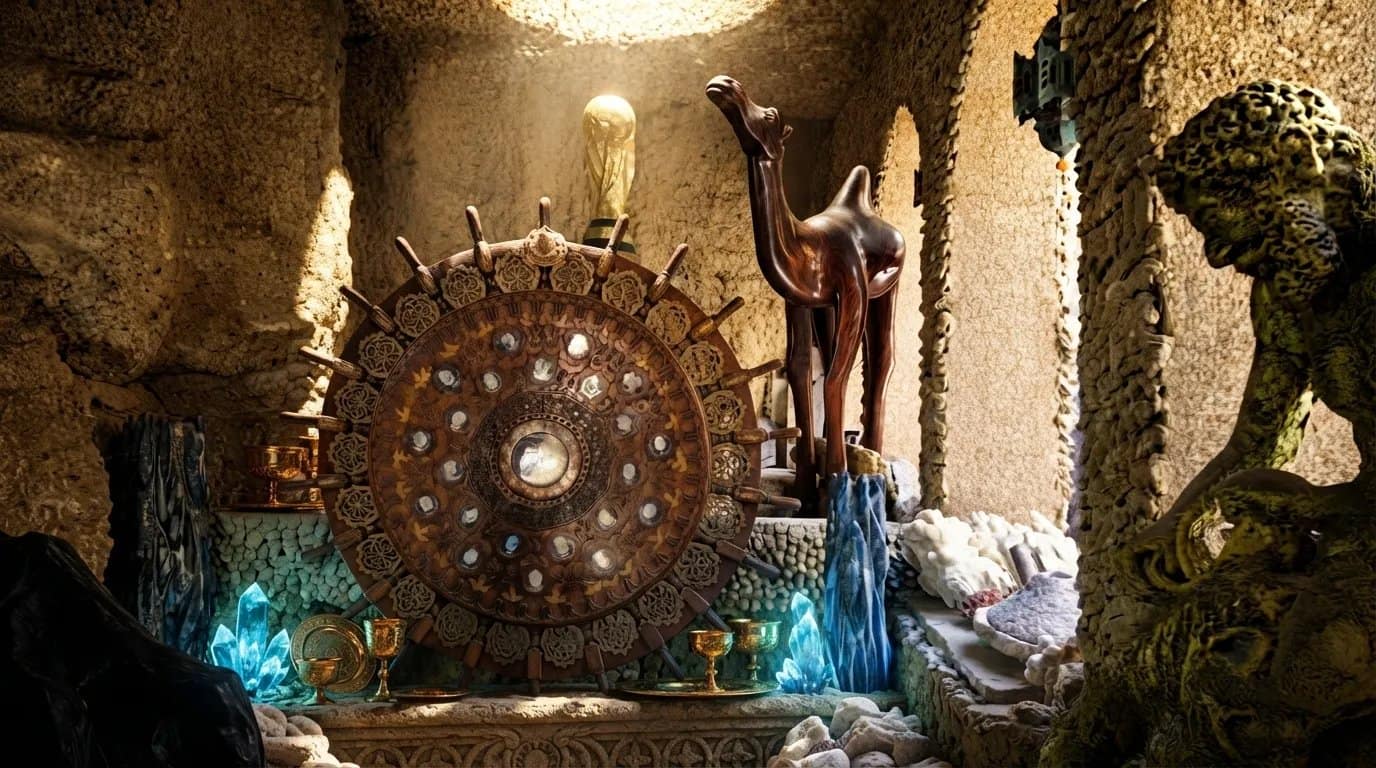 The decorated chamber inside the Caves of Hercules, with a carved wooden wheel, a camel sculpture, and a golden Hercules statue