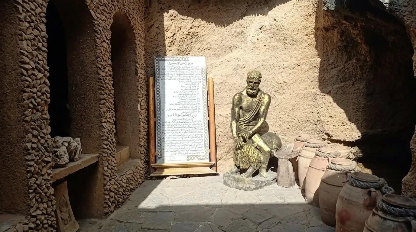 The golden statue of Hercules in the decorated section of the Caves of Hercules, seated beside pottery jars and an information plaque