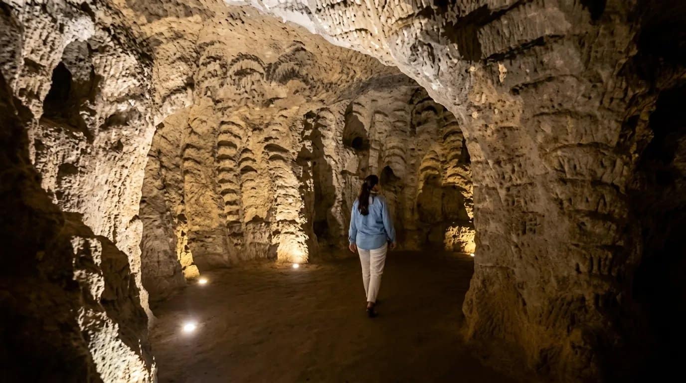 The cobblestone walkway inside the Caves of Hercules, showing the uneven terrain underfoot